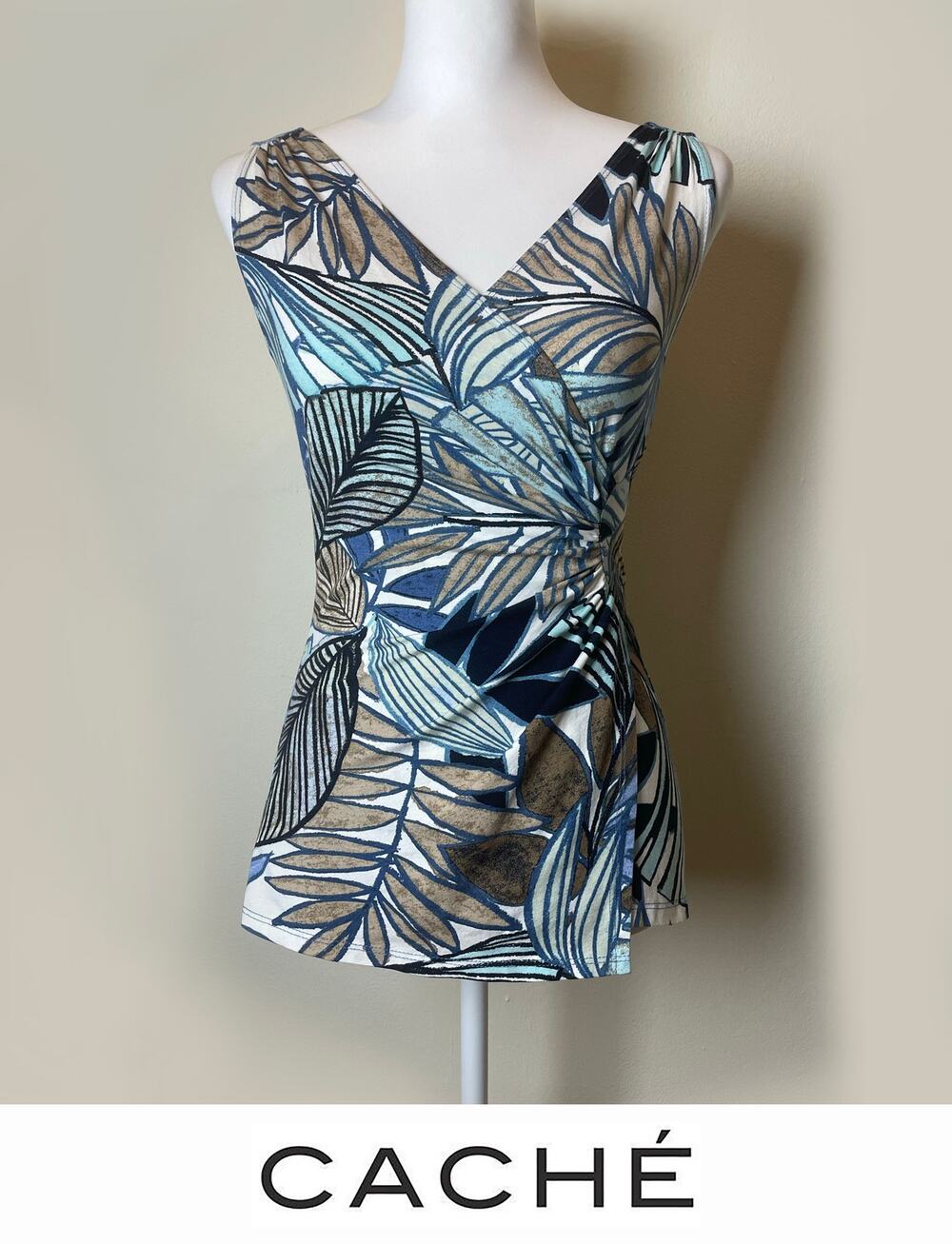 Cache Tropical Leaf Print Vintage Wrap-Front Top - Blue/Tan - Size Small EUC